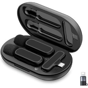 ميكروفون Lavalier لاسلكي لأجهزة iPhone، Android-قناة مزدوجة مع علبة شحن، نظام ميكروفون لاسلكي صغير الحجم لأجهزة الكمبيوتر الشخصية، Ipad، الكاميرات، فيديو المقابلة، Podcast، Vlog، YouTube Livestream in Kuwait