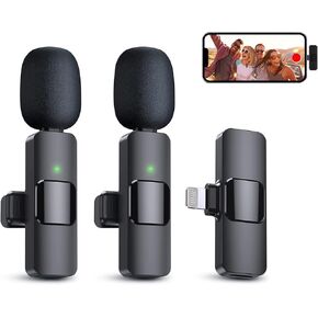 KDKS 2 Pack Wireless Lavalier Microphone for iPhone，Cordless Double Mics Plug and Pick-up,Microphone with Built-in Noise-canceling Chip 8H Working Time for iPhone Video Recording,YouTube,TikTok in Kuwait