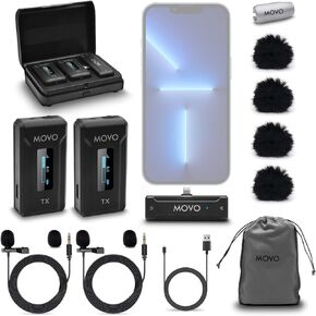 Movo WMX-2-L-DUO Wireless Microphone for iPhone with Charging Case iPhone Wireless Microphone LED Display Wireless Lavalier Microphone for iPhone Lapel Mic Adjustable Gain 328' Range 7HR Battery Life
