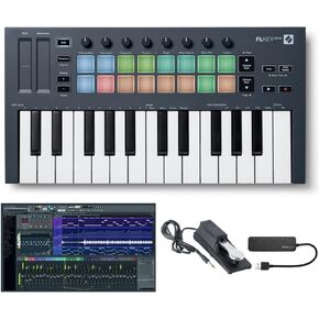 نوفيشن وحدة تحكم كيبورد ميدي ميني 25 مفتاح من اف ال كي لحزمة اف ال ستوديو مع 20 برنامج اصدار فاكهي (معبأ)، دواسة داعمة بنمط البيانو (اسود) وموزع USB 3.0 4 منافذ (4 عناصر) in Kuwait
