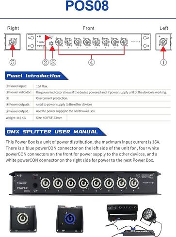 سلسلة صناديق الطاقة V-Show ذات 8 منافذ - شرائط طاقة كبيرة مدخل Powercon Blue * 1 + مخرج Powercon الأبيض * 9 لإضاءة المسرح (3PIN) in Kuwait