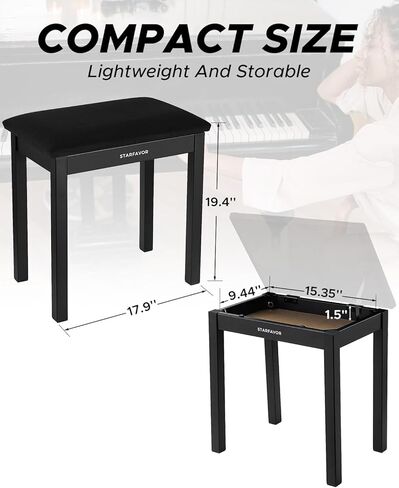 Starfavor Piano Bench with Storage Compartment, Piano Keyboard Stool with Iron Legs, Velvet Cushioned Piano Chair, Keyboard Bench Seat Color Black, STB-210 in Kuwait