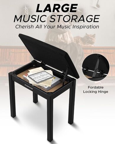 Starfavor Piano Bench with Storage Compartment, Piano Keyboard Stool with Iron Legs, Velvet Cushioned Piano Chair, Keyboard Bench Seat Color Black, STB-210 in Kuwait