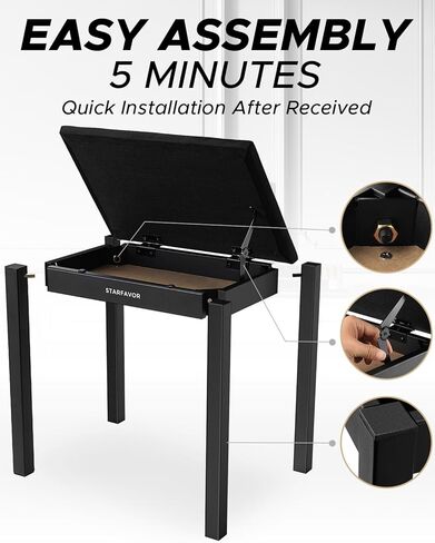 Starfavor Piano Bench with Storage Compartment, Piano Keyboard Stool with Iron Legs, Velvet Cushioned Piano Chair, Keyboard Bench Seat Color Black, STB-210 in Kuwait