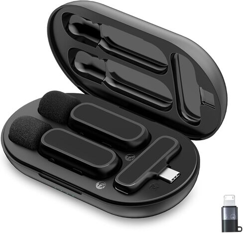 ميكروفون Lavalier لاسلكي لأجهزة iPhone، Android-قناة مزدوجة مع علبة شحن، نظام ميكروفون لاسلكي صغير الحجم لأجهزة الكمبيوتر الشخصية، Ipad، الكاميرات، فيديو المقابلة، Podcast، Vlog، YouTube Livestream in Kuwait