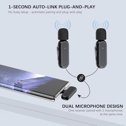 ميكروفون Lavalier لاسلكي لأجهزة iPhone، Android-قناة مزدوجة مع علبة شحن، نظام ميكروفون لاسلكي صغير الحجم لأجهزة الكمبيوتر الشخصية، Ipad، الكاميرات، فيديو المقابلة، Podcast، Vlog، YouTube Livestream in Kuwait