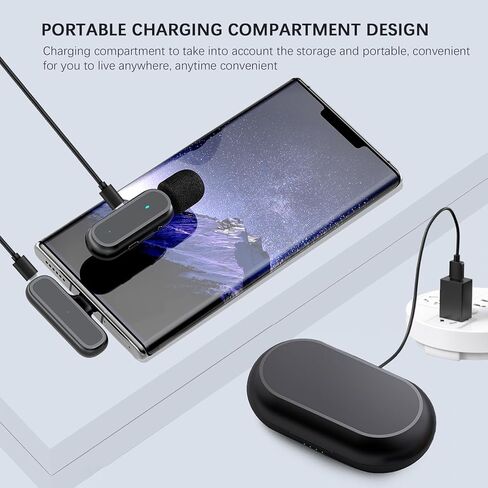 ميكروفون Lavalier لاسلكي لأجهزة iPhone، Android-قناة مزدوجة مع علبة شحن، نظام ميكروفون لاسلكي صغير الحجم لأجهزة الكمبيوتر الشخصية، Ipad، الكاميرات، فيديو المقابلة، Podcast، Vlog، YouTube Livestream in Kuwait