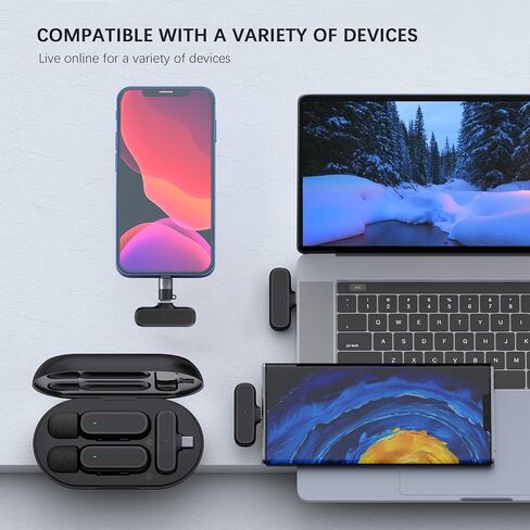 ميكروفون Lavalier لاسلكي لأجهزة iPhone، Android-قناة مزدوجة مع علبة شحن، نظام ميكروفون لاسلكي صغير الحجم لأجهزة الكمبيوتر الشخصية، Ipad، الكاميرات، فيديو المقابلة، Podcast، Vlog، YouTube Livestream in Kuwait