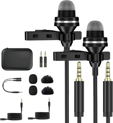 مجموعة ميكروفون لافالير سلكي مزدوج للمقابلات، ميكروفون احترافي بمشبك 3.5 ملم للجوال والكاميرا واللابتوب، حزمة ميكروفون خارجي متعدد الاتجاهات لASMR وتسجيل الفيديو واليوتيوب in Kuwait
