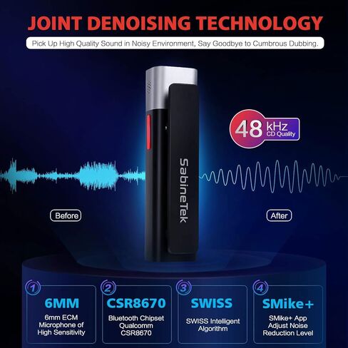 ساباين تيك ميكروفون لافالير لاسلكي من سمارت مايك بلس قابل لاعادة الشحن بتقنية البلوتوث بخاصية الغاء الضوضاء لاجهزة ايفون واندرويد وايباد وتسجيل الفيديو والمقابلات والتدريس والمدونات الصوتية (اسود) in Kuwait