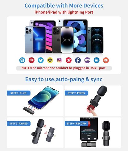 ميكروفون Paobas الاحترافي اللاسلكي Lavalier Lapel لأجهزة iPhone وiPad - عبوتين 2.4 جيجا هرتز التوصيل والتشغيل ميكروفون مشبك على الصدر - تقليل الضوضاء، ميكروفون تسجيل للمقابلة، فيديو Podcast Vlog YouTube in Kuwait