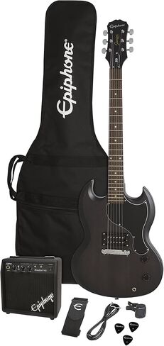 حزمة مشغل الجيتار الكهربائي Epiphone SG Junior مع حقيبة الحفلة والحزام وأعواد الجيتار والأمبير والحبل - باللون الأسود in Kuwait