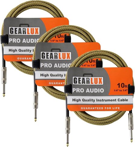 Gearlux Instrument Cable/Professional Guitar Cable 1/4 Inch to 1/4 Inch, Tweed, 10 Foot - 3 Pack in Kuwait