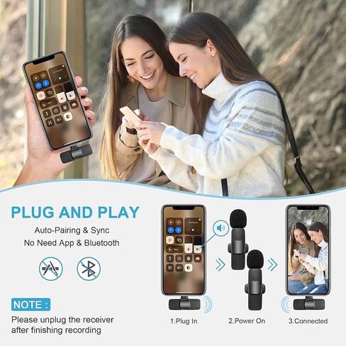 KDKS 2 Pack Wireless Lavalier Microphone for iPhone，Cordless Double Mics Plug and Pick-up,Microphone with Built-in Noise-canceling Chip 8H Working Time for iPhone Video Recording,YouTube,TikTok in Kuwait