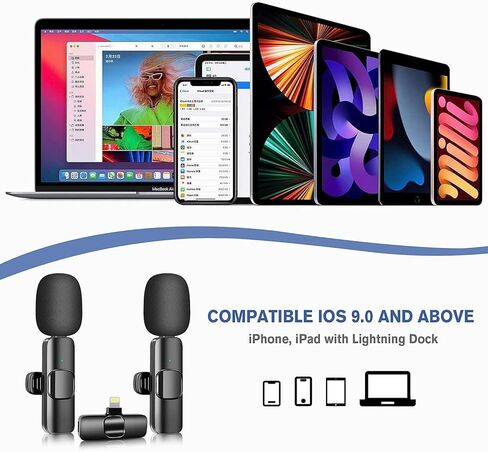 KDKS 2 Pack Wireless Lavalier Microphone for iPhone，Cordless Double Mics Plug and Pick-up,Microphone with Built-in Noise-canceling Chip 8H Working Time for iPhone Video Recording,YouTube,TikTok in Kuwait