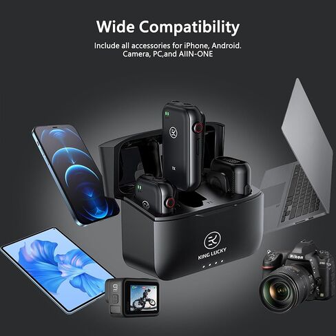 Kinglucky Wireless Lavalier Microphone, with Professional ANC Noise Reduction, Charging Case, 10H Battery Life, 80m(262FT), Wireless Microphone for DSLR Camera, iPhone, Android, PC, Live Streaming in Kuwait