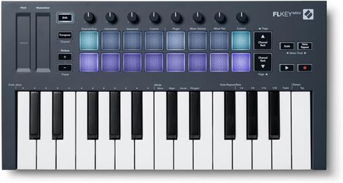 نوفيشن وحدة تحكم كيبورد ميدي ميني 25 مفتاح من اف ال كي لحزمة اف ال ستوديو مع 20 برنامج اصدار فاكهي (معبأ)، دواسة داعمة بنمط البيانو (اسود) وموزع USB 3.0 4 منافذ (4 عناصر) in Kuwait