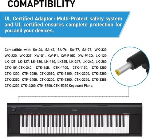 9.5V AC/DC Adapter for Casio Piano Keyboard： UL Listed Power Supply Charger for Casio Keyboard Power Cord AD-5 AD-5MU AD-5MR SA-46 WK-110 WK-220 LK-43 LK-100 LK-120 CTK-496 (8.2 Ft Long Cord) in Kuwait