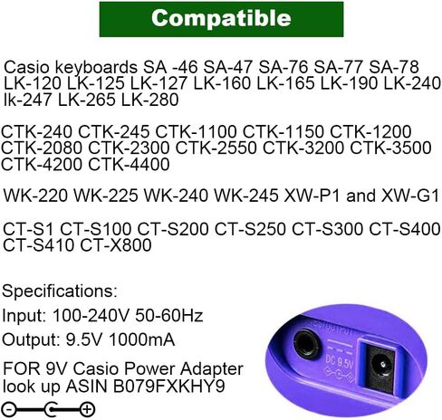9.5V 1A AC/DC Power Supply Adapter for Casio Piano Keyboard, Charger Cable ADE95100LU/B SA-46 SA-47 SA76 SA-77 SA-78 CTK-2080 CTK-2550 CTK-3200 CTK-3500 LK-265 LK-280 CT-X700 CT-X800 CT-S300 in Kuwait