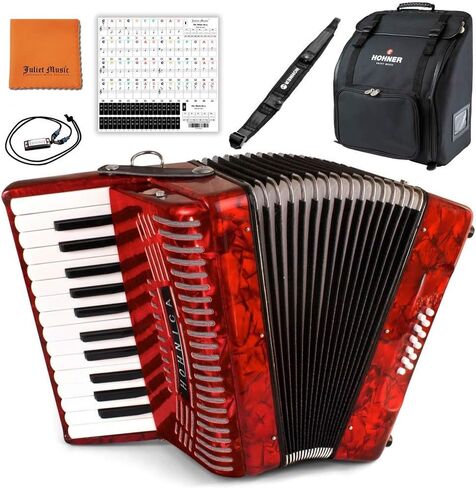 مجموعة Hohner COEB Compadre E/A/D Accordion، أسود وفضي مع حقيبة هونر ، حزام ، ميني هارمونيكا ، قماش ملمع موسيقى جوليت وملصقات مفاتيح البيانو in Kuwait
