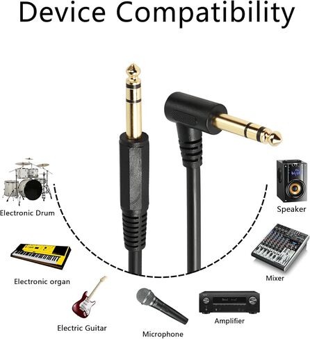 CERRXIAN 1/4 Inch Guitar Instrument Cable, Right Angle 6.35mm Male TRS to 6.35mm Male TRS Stereo Audio Cable for Bass,Keyboard,Mixer,Amp,Electric Guitar (0.5m, Black) in Kuwait