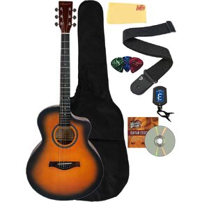 Vault EA-40 Left-Handed Full-Size Solid Spruce Top Cutaway Acoustic Guitar - Sunburst Bundle with Gig Bag, Tuner, Picks, Strap, and Polishing Cloth in Kuwait