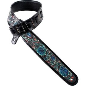 Walker And Williams LHR-16 Gloss Black Premium Thick Leather Guitar Strap With Cobalt Blue Floral Carving For Acoustic, Electric, And Bass Guitars in Saudi Arabia