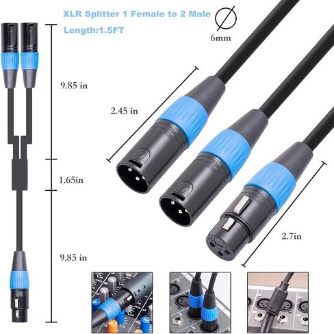 كابل مقسم HUALEU XLR، كابل ميكروفون XLR أنثى إلى ثنائي XLR ذكر Y، كابل XLR 1 أنثى إلى 2 ذكر XLR Y للخلاط، ومضخم الطاقة، والميكروفون in Kuwait