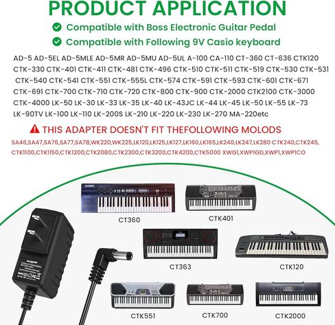 Auspow 9V 850mA Power Supply لدواسات الجيتار وسلك طاقة AC DC 9V، محول 9V لدواسة تأثيرات BOSS، الآلات الموسيقية Roland، التشويه، لوحة مفاتيح Casio، PSA-120، مركز سلبي in Kuwait