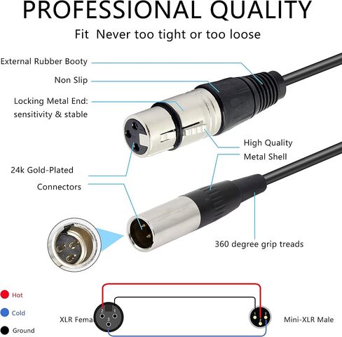 XMSJSIY Mini XLR أنثى إلى XLR ذكر محول كابل الصوت، 3 دبوس XLR إلى Mini 3 Pin XLR سلك كابل ميكروفون لكاميرا ميكروفون Lavalier - قطعة واحدة (Mini XLR أنثى إلى XLR ذكر) in Kuwait