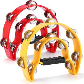 Double Row Tambourine, 2 Pack 10 inch Tambourine for Adult, Half Moon Musical Instrument with 20 Metal Jingles, Hand Held Drum Percussion for Party, Church, KTV, Red & Green