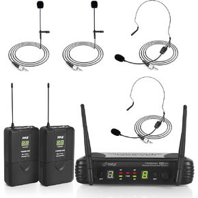 Pyle 2 Channel Wireless Microphone System - Portable UHF Digital Audio Mic Set with 2 Headset, 2 Lavalier lapel, 2 Transmitter, ¼’’ cable, power adapter - For Karaoke, PA, DJ, - PDWM3400,Black in Kuwait