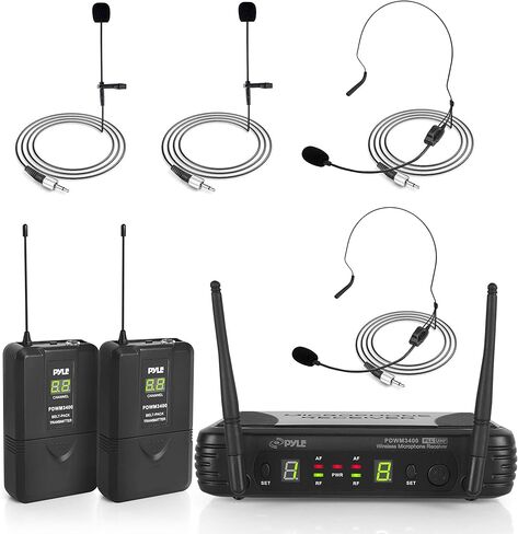 Pyle 2 Channel Wireless Microphone System - Portable UHF Digital Audio Mic Set with 2 Headset, 2 Lavalier lapel, 2 Transmitter, ¼’’ cable, power adapter - For Karaoke, PA, DJ, - PDWM3400,Black in Kuwait