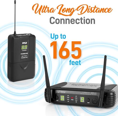 Pyle 2 Channel Wireless Microphone System - Portable UHF Digital Audio Mic Set with 2 Headset, 2 Lavalier lapel, 2 Transmitter, ¼’’ cable, power adapter - For Karaoke, PA, DJ, - PDWM3400,Black in Kuwait