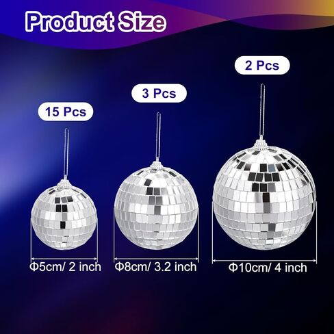 MECCANIXITY Mirror Ball, 2, 3.2, 4 Inch Disco Reflective Balls with Hanging Ring Silver Tone for DJ Club Stage Wedding Holiday Bar Party Decorations, Pack of 20 in Saudi Arabia