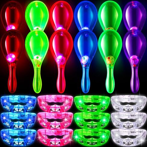 Libima 24 Pcs LED Light up Tambourine Tambourin and Mini Maracas Musical Kid Adult Handheld Plastic Tambourine Bell LED Flashing Shaker Neon Mexican Decor Noisemaker for Easter Party Favor Birthday in Saudi Arabia