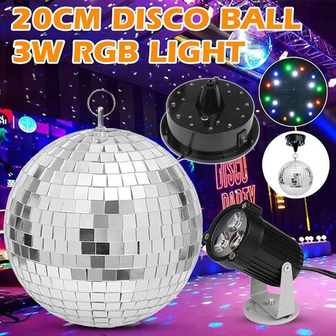 هوت وين كرة مراة باضاءة ديسكو مقاس 8 انش مع محرك واضاءة LED بالوان الفضاء اللوني ار جي بي، مجموعة اضواء سبوت دوارة لتزيين غرفة الحفلات والمسرح والدي جيه in Kuwait