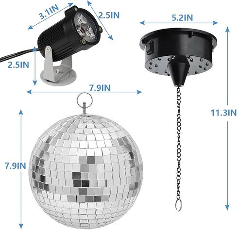 هوت وين كرة مراة باضاءة ديسكو مقاس 8 انش مع محرك واضاءة LED بالوان الفضاء اللوني ار جي بي، مجموعة اضواء سبوت دوارة لتزيين غرفة الحفلات والمسرح والدي جيه in Kuwait