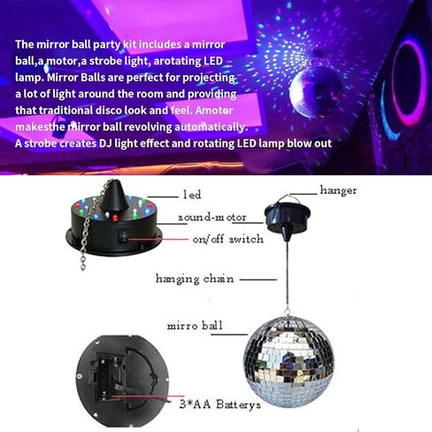 هوت وين كرة مراة باضاءة ديسكو مقاس 8 انش مع محرك واضاءة LED بالوان الفضاء اللوني ار جي بي، مجموعة اضواء سبوت دوارة لتزيين غرفة الحفلات والمسرح والدي جيه in Kuwait