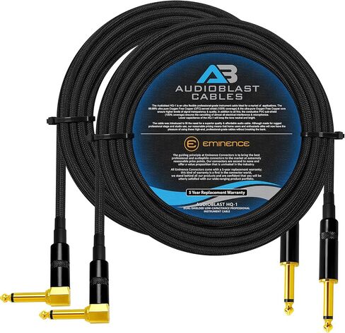 Audioblast - وحدتان - 20 قدمًا - HQ-1 - فائق المرونة - مزدوج الحماية (100%) - كابل تصحيح دواسة تأثيرات آلة الجيتار مع Eminence مستقيم وزاوية ذهبية ¼ بوصة (6.35 مم) مقابس TS وأحذية مزدوجة in Kuwait