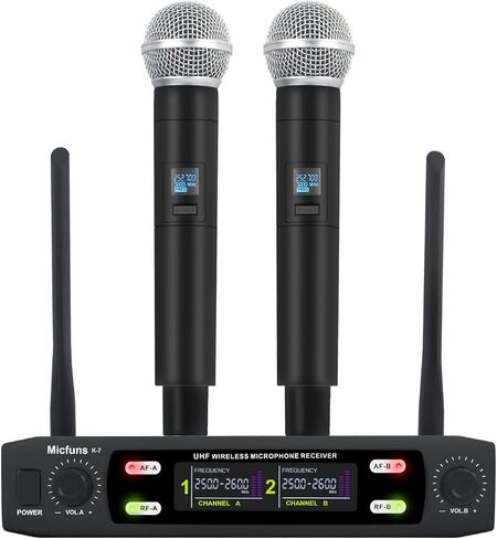 نظام ميكروفونات K7 بروفيشنال اللاسلكي 2 محمول VHF 230-250 ميجاهرتز 100 متر للكاريوكي والحفلات والكلام in Kuwait