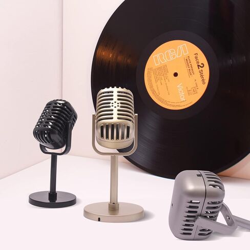 Lsenrioy 2 قطعة نموذج دعائم ميكروفون قديم، ميكروفون عتيق مع نموذج حامل، ميكروفون بلاستيكي مزيف عتيق دعامة ميكروفون للعب الأدوار التنكرية لتزيين الطاولة (ذهبي) in Kuwait