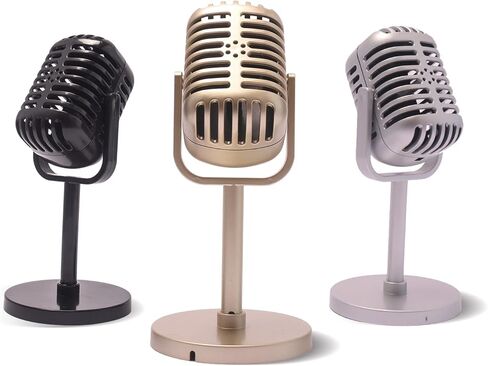 Lsenrioy 2 قطعة نموذج دعائم ميكروفون قديم، ميكروفون عتيق مع نموذج حامل، ميكروفون بلاستيكي مزيف عتيق دعامة ميكروفون للعب الأدوار التنكرية لتزيين الطاولة (ذهبي) in Kuwait