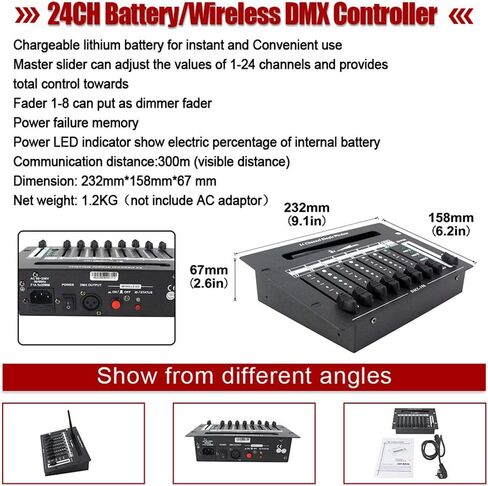 وحدة تحكم دي ام اكس دي جي من في شو - بطارية 24 قناة ووحدات تحكم لاسلكية للبطارية بدون أسلاك DMX بإضاءة أمامية in Kuwait