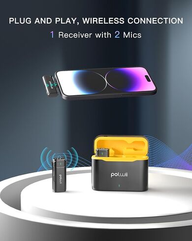 ميكروفونات POLWII اللاسلكية Lavalier لأجهزة iPhone 2 Pack مع علبة شحن، إلغاء الضوضاء التكيفي، وقت العمل 32 ساعة، 165FT 2.4G ميكروفون طية صدر السترة لتسجيل الفيديو، Podcast YouTube Tiktok in Kuwait