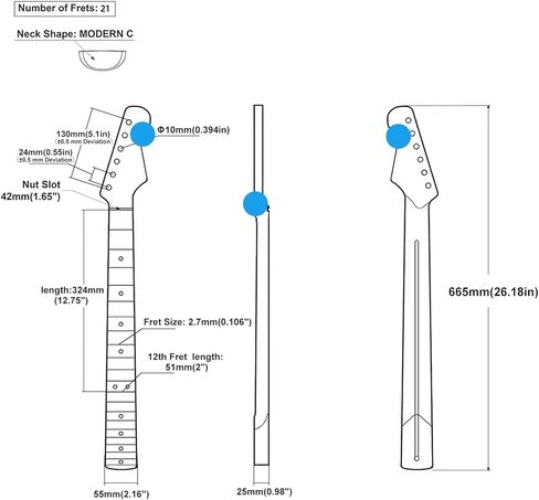 21 Fret ST رقبة جيتار كهربائي من خشب القيقب الكندي، رقبة جيتار كهربائي بني لامع، نصف قطر لوحة الفريتس 14 بوصة، صامولة صناعية in Kuwait