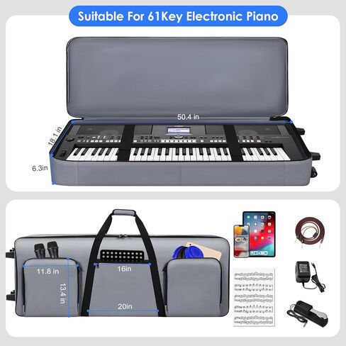 76 key Keyboard Case with Wheels (Interior Size: 50.4"x18.1"x6.3") | 76 Key Keyboard Rolling Bag Padded with Soft Handle & Padded Shoulder Strap | Portable 76 Key Keyboard Case Roller Bag (Gray) in Kuwait