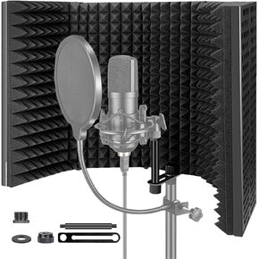 درع عزل ميكروفون قابل للطي مع حامل ملولب 3/8 انش و5/8 انش ودرع صوت ميكروفون من الفوم الممتص لاستوديو التسجيل والمدونات الصوتية والغناء والبث in Kuwait