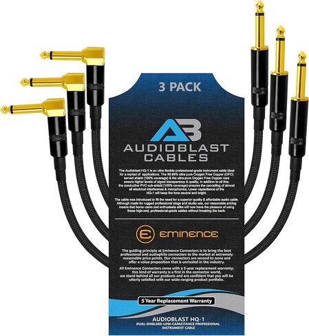 Audioblast - 3 وحدات - 1. 5 قدم - HQ-1 - مرن للغاية - ثنائي الحماية (100%) - كابل تصحيح لدواسة أدوات الجيتار مع إيميننس مستقيم وزاوي ذهبي 1⁄4 بوصة (6. 35 مم) مقابس TS وأحذية مزدوجة in Kuwait