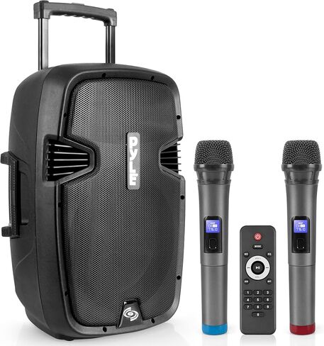 Pyle PPHP1299WU.5 نظام مكبر صوت PA محمول كاريوكي - 1000 واط يعمل بالطاقة اللاسلكية بلوتوث متوافق مع مكبر صوت خارجي مع بطارية قابلة لإعادة الشحن، عجلات، USB MP3 RCA، 2 ميكروفون UHF، جهاز تحكم عن بعد، أسود in Kuwait